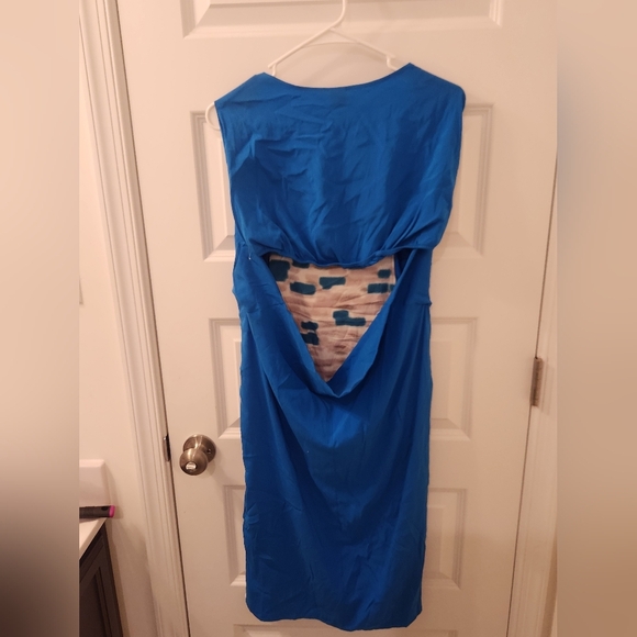 Zero Blue Dress Sleeveless Open Back Square Neck Size 4 Midi Silk #Z551 - Picture 4 of 6